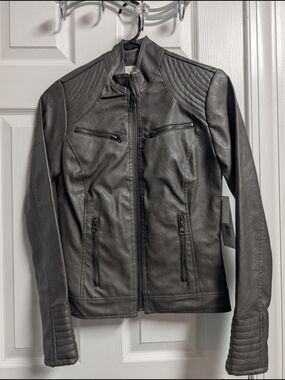 Gray Faux Leather Biker Jacket
